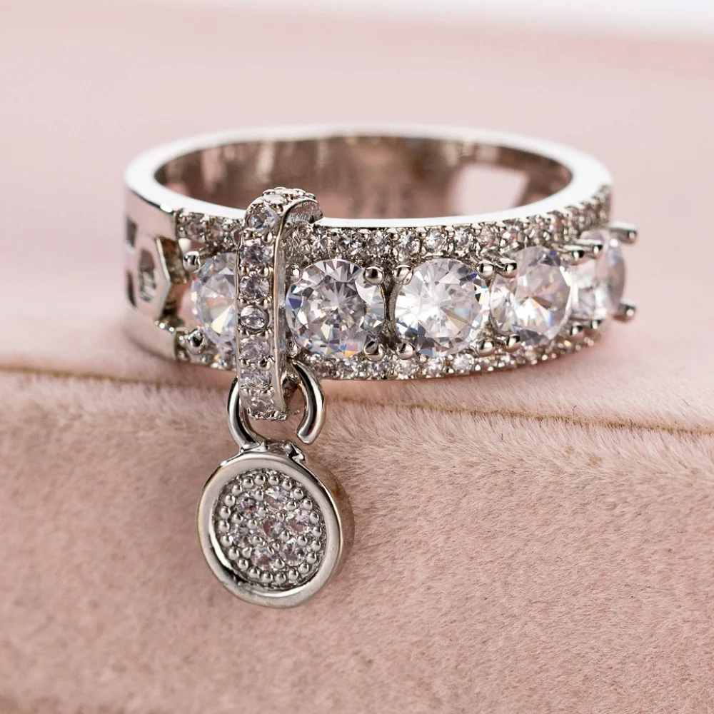 Silver Dangle Charm Size 7 Crystal Rhinestone Ring Finger Jewelry